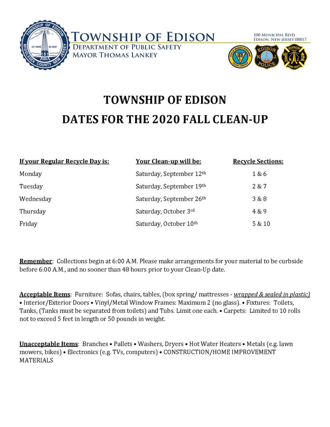 Edison new COVID-19 cases remain low, township announces fall clean-up dates