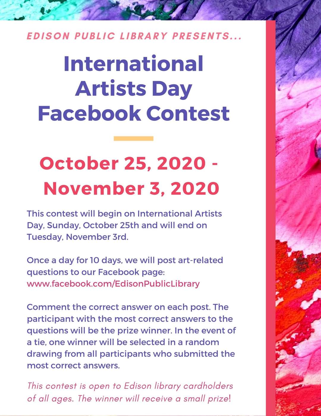 Edison new COVID-19 cases include 11-month-old baby, library holding International Artists Day Facebook contest Oct. 25-Nov. 3