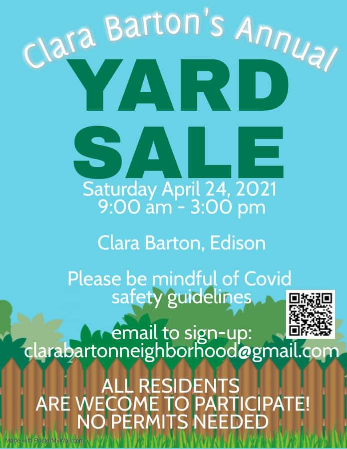 Edison reports 49 new COVID-19 cases; Clara Barton’s annual Yard Sale April 24