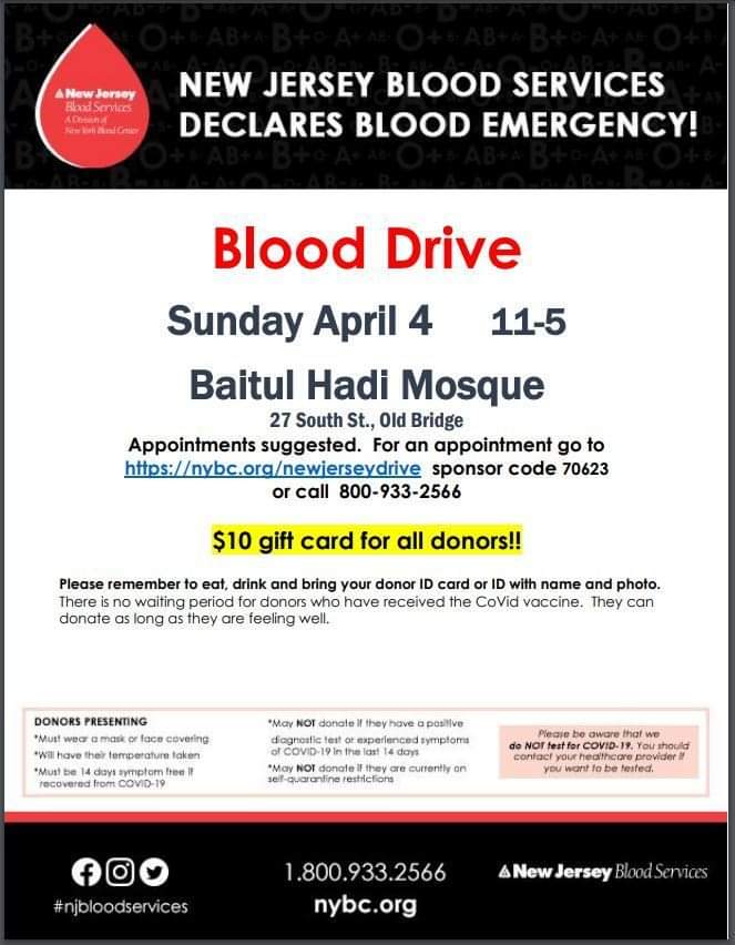 Old Bridge reports 260 new positive COVID-19 cases in a week, Baitul Hadi Mosque hosting blood drive April 4