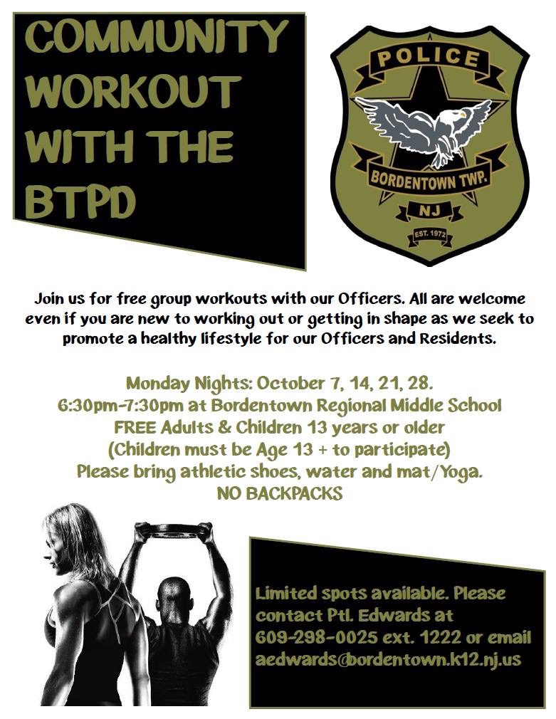 Bordentown Township Police to offer community workout sessions