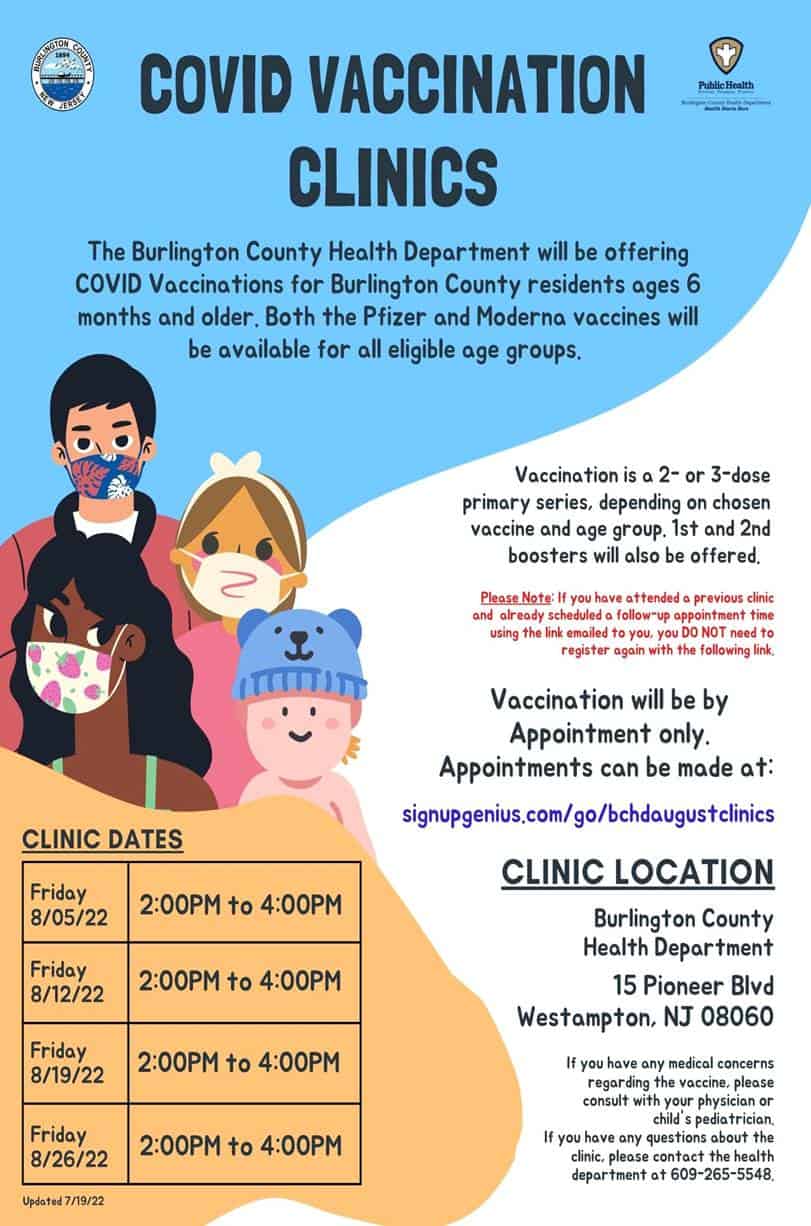 Burlington County Health Department to hold vaccine, booster clinics in August