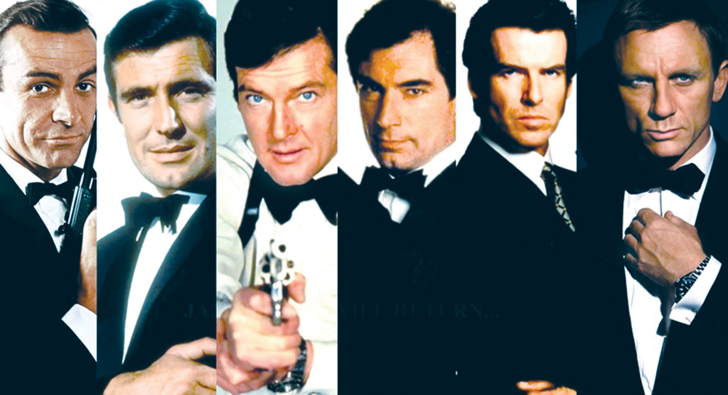 Actors who have suited up as Bond: (L to R) Sean Connery, George Lazenby, Roger Moore, Timothy Dalton, Pierce Brosnan and Daniel Craig.