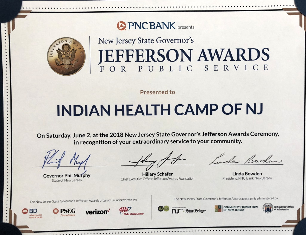 Indian Health Camp of New Jersey awarded for commitment to community health