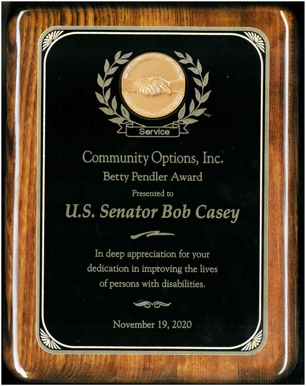 Community Options recognizes Senator Bob Casey with Betty Pendler Award