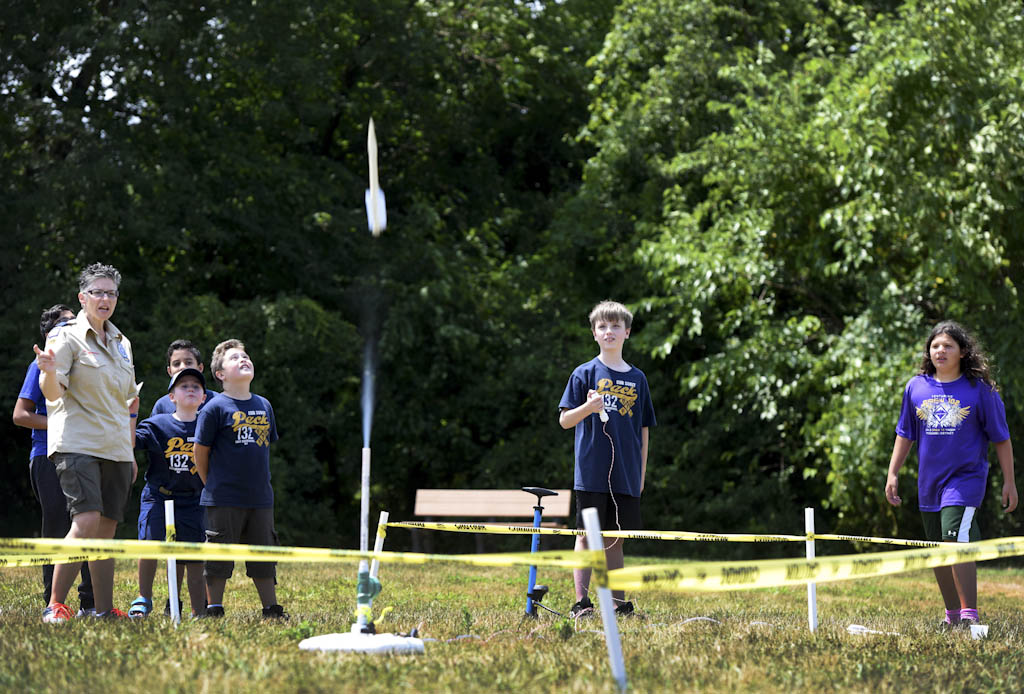 Cub Scouts launch paper rockets at Great Oak Park