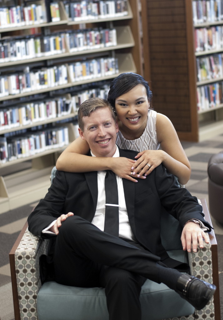 Newlyweds take wedding photos at East Brunswick Library