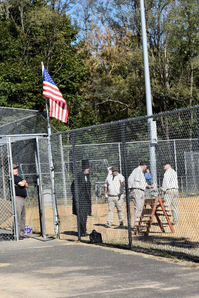 Lincoln throws out first pitch during Jamesburg 1860s-style base ball game